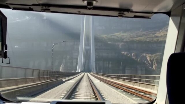 First-person view from inside a train cabin, looking straight ahead through the front window.
