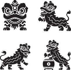 Lion dance silhouette set vector illustration isolated On Transparent Background