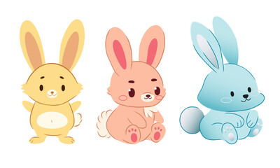 Cute cartoon bunny illustration set – hand-drawn colorful rabbits in pastel colors, perfect for kids designs, baby prints, greeting cards, Easter decor, nursery, stickers, and holiday projects