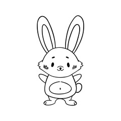 Cute bunny line art coloring illustration – hand-drawn baby rabbit outline with fluffy tail and big ears, perfect for kids activity pages, printable coloring books, worksheets, and creative learning 