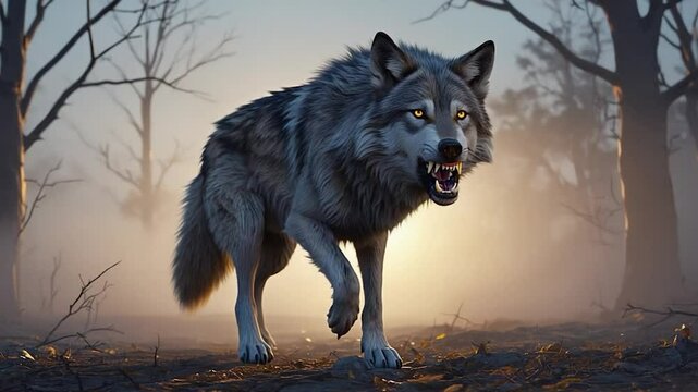 Angry wolf in misty forest at dawn, dramatic lighting, ideal for nature, wildlife, or action photography