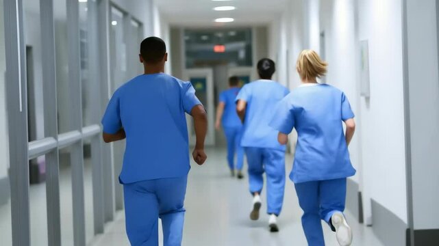 A group of nurses running down a hallway. Doctors run down the hospital corridor.