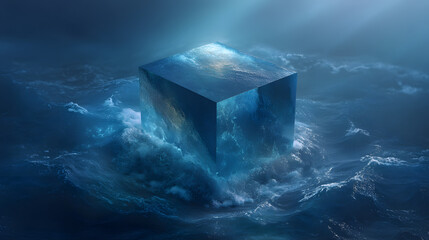 Translucent Cube Sinking in Glowing Ocean Waves Abstract Digital Art