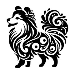 Ornamental Pomeranian Dog Silhouette, Black & White Vector Design