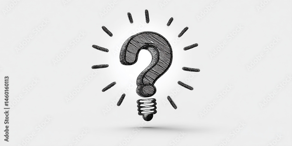 Poster sketch-style question mark shaped as lightbulb, radiating light rays, symbolizes inquiry, problem-so