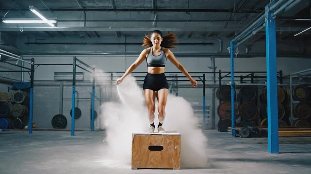 Woman jumps over box in gym, creating dust cloud. Potential use Fitness motivation