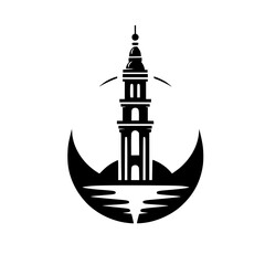 Minimalist Mosque Silhouette with Crescent Moon and Water Reflection