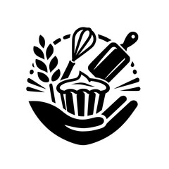 Baking Icon: Hand Holding Cupcake, Tools, and Wheat, Black and White Vector