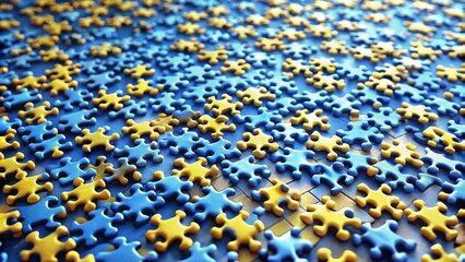 Obraz premium A close-up view of a puzzle with blue and yellow pieces, showcasing the intricate details of the interlocking shapes and the interplay of color.