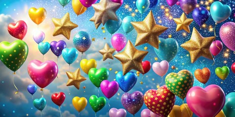 A whimsical and joyful celebration with a dazzling array of colorful heart-shaped and star-shaped balloons floating against a shimmering blue sky.