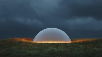 Large, spherical object, which appears to be a dome-shaped structure, sitting on top of a grassy hill. the sky is dark and cloudy, with a hint of orange and yellow from the setting sun.