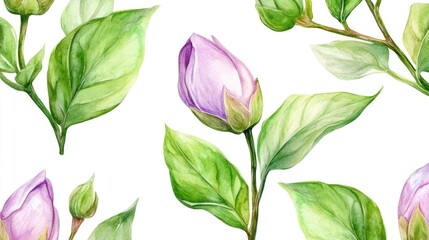 Watercolor Seamless Pattern of Blooming Purple Flower Buds and Lush Green Leaves