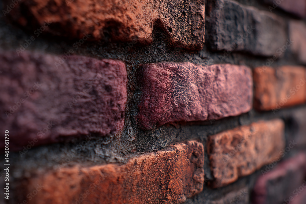 Poster close-up of textured brick wall, showcasing various brown and burgundy hues, creating a rustic and d