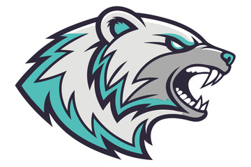 97 Fierce bear head logo, stylized vector illustration, aggressive expression, piercing blue eyes, gray and teal fur, sharp teeth, symmetrical design, mascot emblem, bold lines, graphic art style, int