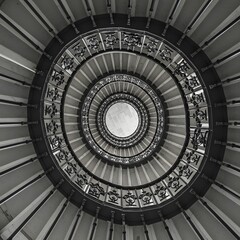 Detail shot of a spiral staircase or repeating balcony patterns