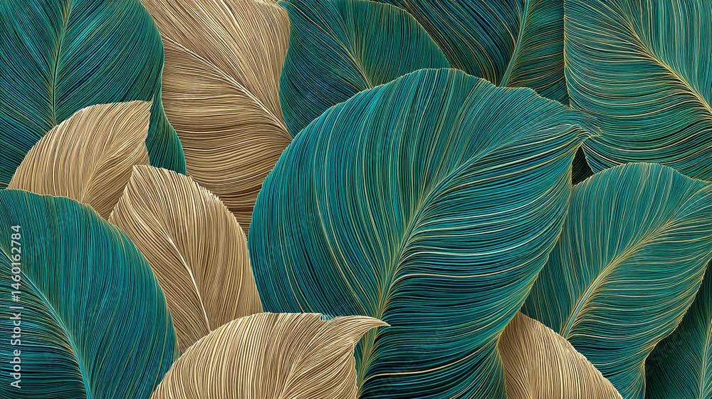 Aufkleber Teal and beige leaf texture graphic, lined pattern, overlapping leaves creating depth and visual interest, showcasing nature's elegant design, ideal for background use