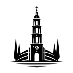 Black and White Church Silhouette with Trees, Minimalism, Vector Art
