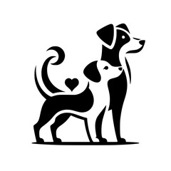 Loving Dog Duo, Black and White Minimalist Illustration, Heart Symbol