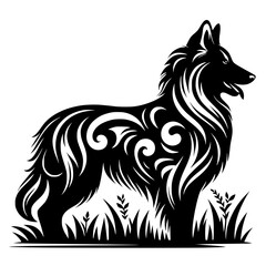 Black & White Dog Silhouette with Swirl Design, Grass, and Minimalist Aesthetic