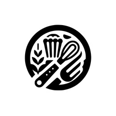 Black & White Baking Icon: Kitchen Utensils & Pastry Design