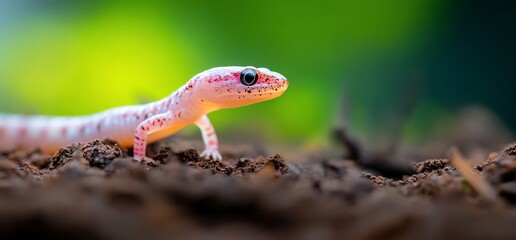 Naklejka premium Delicate Gecko Exploration, A Pale Reptile on Earthy Terrain Close-Up Shot
