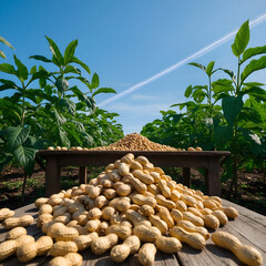 "Harvested Peanuts on Wooden Table in a Field with Lush Green Plants and Blue Sky"