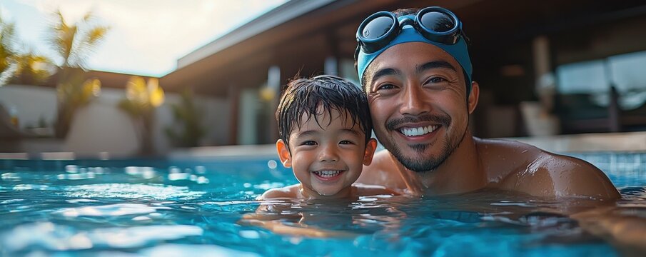 Father and son enjoying quality time swimming together in a sunny outdoor pool