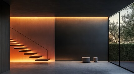 Modern interior design featuring a staircase and warm lighting.