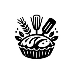 Black & White Bakery Icon: Pie with Utensils & Wheat