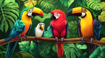 Vibrant Macaws and Toucans on Tropical Branch