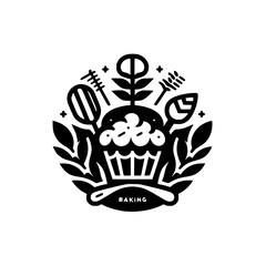 Monochrome Baking Logo: Cupcake & Kitchen Utensils Emblem