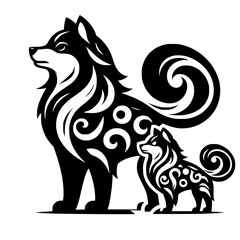 Tribal Husky Family Illustration, Black & White Silhouette, Vector Design
