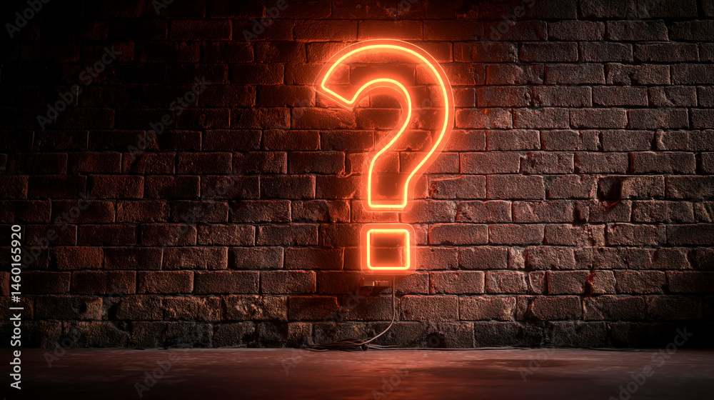 Poster orange neon question mark on dark brick wall background, creating a mysterious and intriguing atmosp