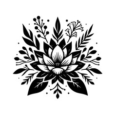Black and White Floral Design: Geometric Lotus and Foliage
