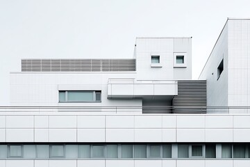 Abstract view of a modern white building facade with geometric shapes.