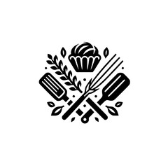 Bakery & Baking Logo: Monochrome Icon with Cupcake and Utensils