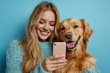 Smiling woman and golden retriever enjoying a moment with a smartphone