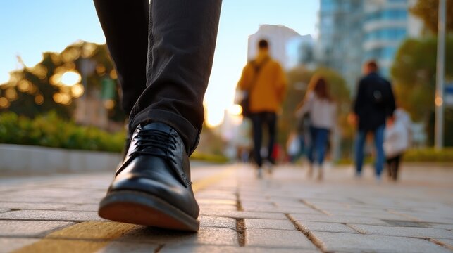 Close-up of a person's shoe walking on a city sidewalk with people in the background.