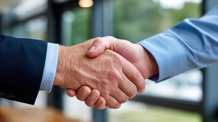 Two business professionals shaking hands in agreement, symbolizing partnership and trust.