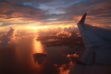 Sunset tropical sea airplane radiant flight  
