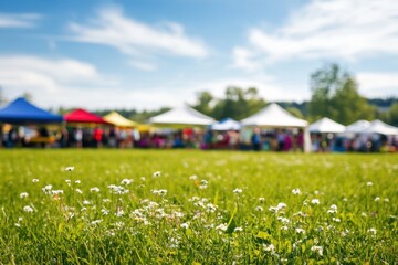 event with many tents and stalls set up on grass, people bustling around at an outdoor festival or community gathering in summer Generative AI