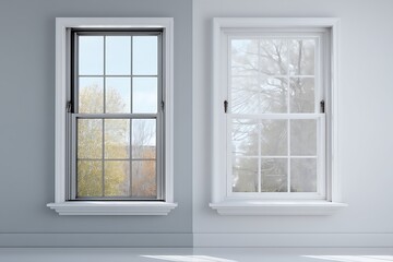 Two windows, one with energy efficient glass and one without, showcasing energy savings.