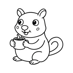cartoon animal holding a cup hot cocoa line art vector silhouette