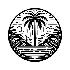 Tropical Island Circle Silhouette, Black and White, Vector Graphic