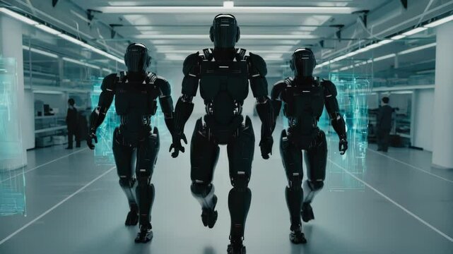 Three robots walking in a futuristic corridor