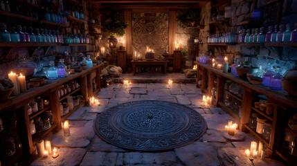 Obraz premium Enchanted Spellcasting Room Runes, Potions, and Mystical Ambiance