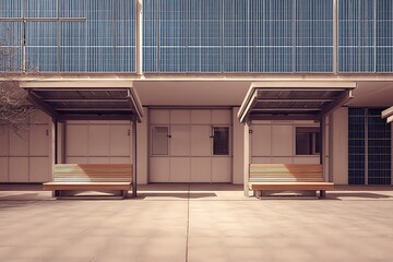 Two empty benches under a modern building with solar panels