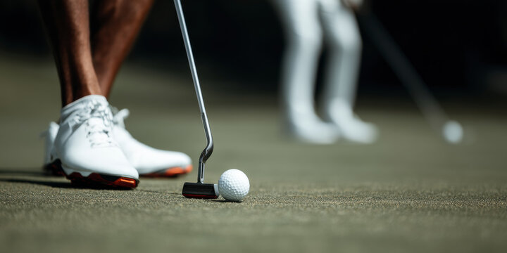 A golfer lining up his shot, standing tall on green grass. The scene radiates calmness and determination, reflecting the balance of skill and serenity in the game.