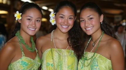 Obraz premium Celebrating Culture With Joyful Smiles in Vibrant Hawaiian Attire at a Festive Gathering