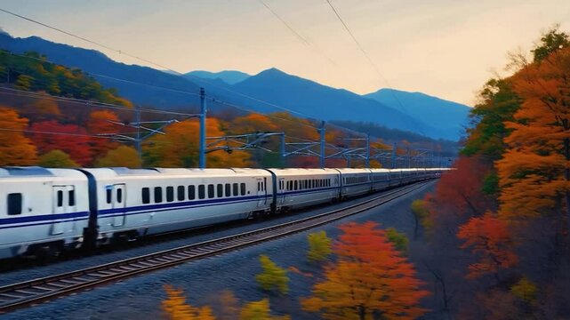 Autumn foliage train journey through mountains